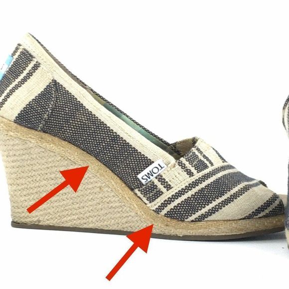 Toms Peep Toe Cork Wedges 6.5W Canvas Geometric Pattern Open Toe - Picture 10 of 11